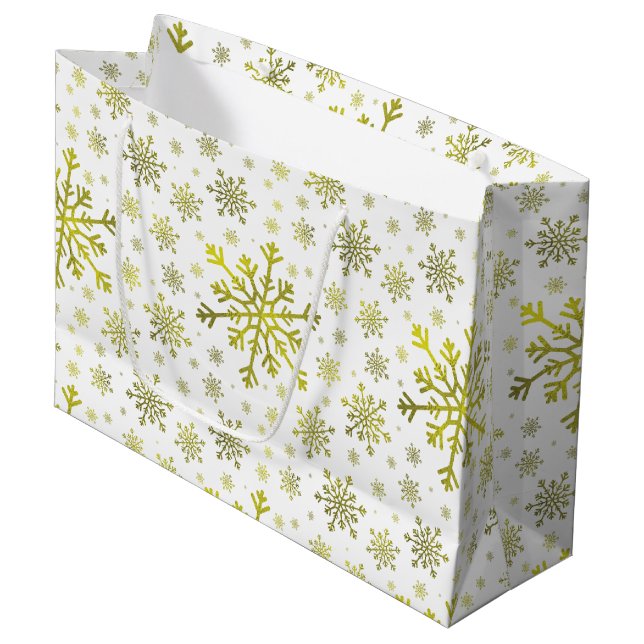 Pretty Gold Christmas Snowflakes on Winter White Large Gift Bag (Front Angled)