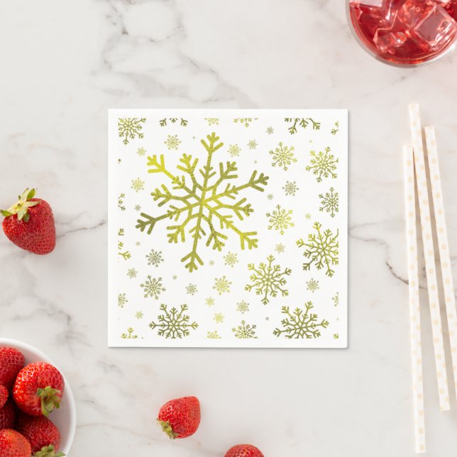Pretty Gold Christmas Snowflakes on Winter White Napkin (Insitu)