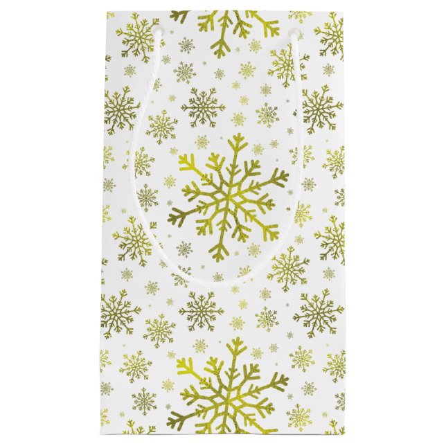 Pretty Gold Christmas Snowflakes on Winter White Small Gift Bag (Front)