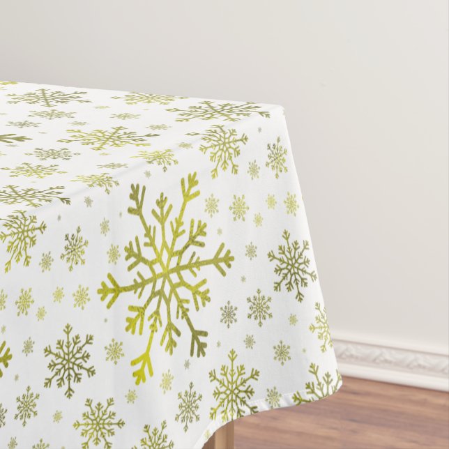 Pretty Gold Christmas Snowflakes on Winter White Tablecloth (In Situ)