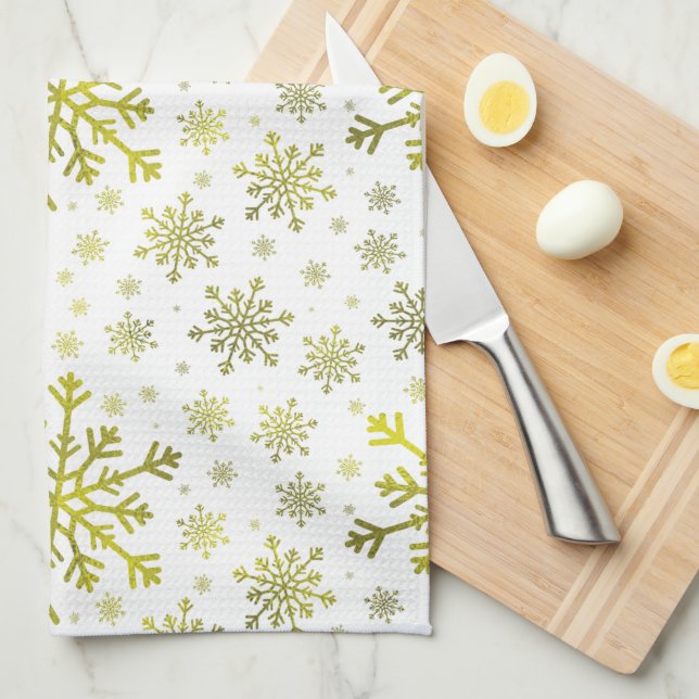 Pretty Gold Christmas Snowflakes on Winter White Tea Towel (Quarter Fold)