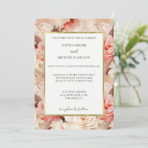 Pretty Gold Cream Pink Floral Wedding Invitation