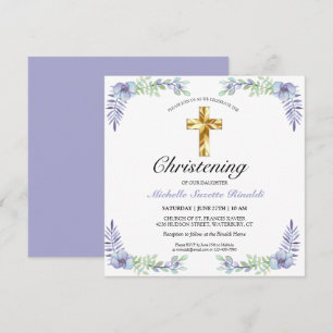 Pretty Gold Cross Lavender Floral Christening  Card