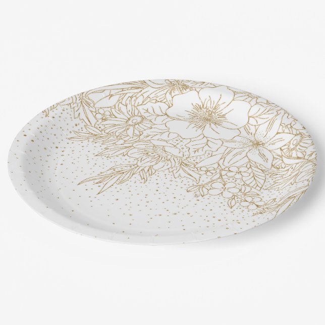 Pretty Gold dots floral Paper Plate (Angled)