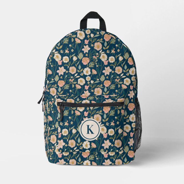 Pretty Gold Floral Pattern | Navy Monogram Printed Backpack (Front)
