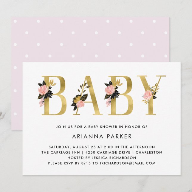 Pretty Gold Floral Text | Baby Shower Invitation (Front/Back)