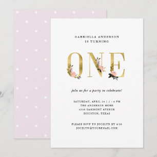Pretty Gold Floral Text First Birthday Party Invitation