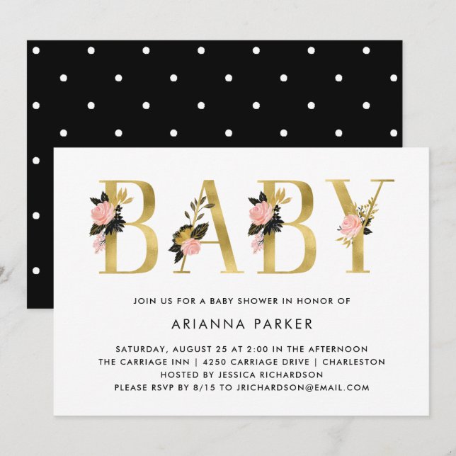 Pretty Gold Floral Text with Black | Baby Shower Invitation (Front/Back)