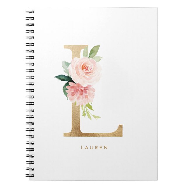 Pretty Gold Foil Blush Floral Letter L Monogram Notebook (Front)