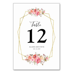 Pretty Gold Frame Pink Floral Wedding Table Number