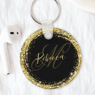 Pretty Gold Glitter Monogram Name Black Glam Key Ring