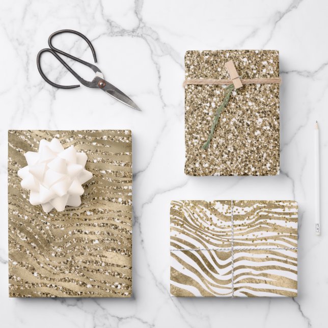 Pretty Gold Glitter Zebra Print Sparkle    Wrapping Paper Sheet (Front)