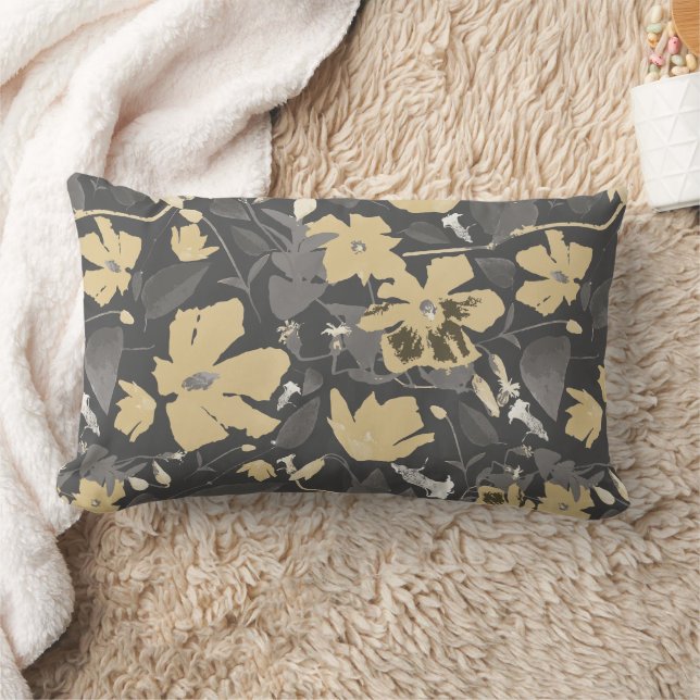 Pretty Gold Grey Floral Pattern Lumbar Cushion (Blanket)
