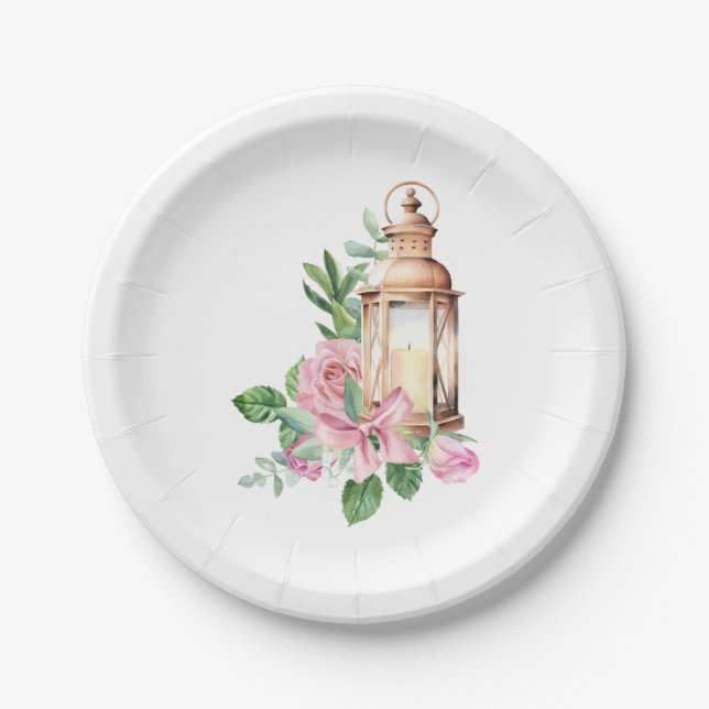 Pretty Gold Lantern with Pink flowers Paper Plate (Front)