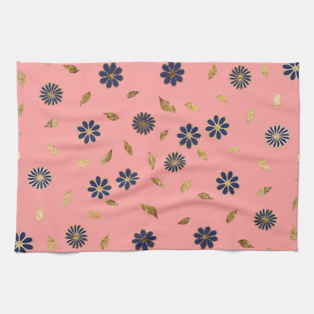 Pretty Gold Navy Blue Pink Flowers and Leaves Tea Towel (Horizontal)