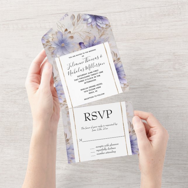 Pretty Gold Pearl White Purple Flowers All In One Invitation (Tearaway)