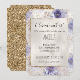 Pretty Gold Pearl White Purple Flowers Invitation
