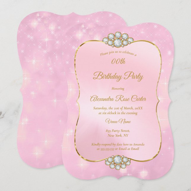 Pretty Gold Pink Diamond Birthday Party Invitation (Front/Back)