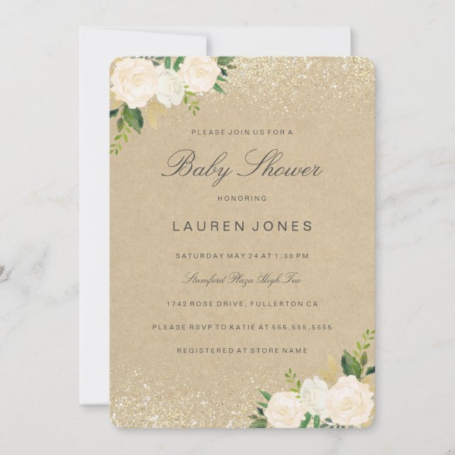 Pretty Gold Pink Rustic Floral Baby Shower Invite (Front)