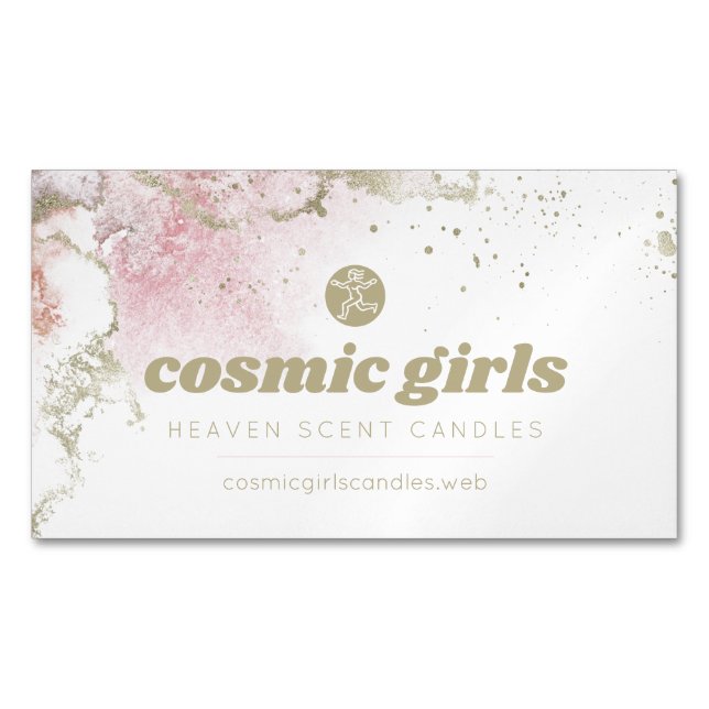 Pretty Gold & Pink Watercolor Magnetic Business Card (Front)