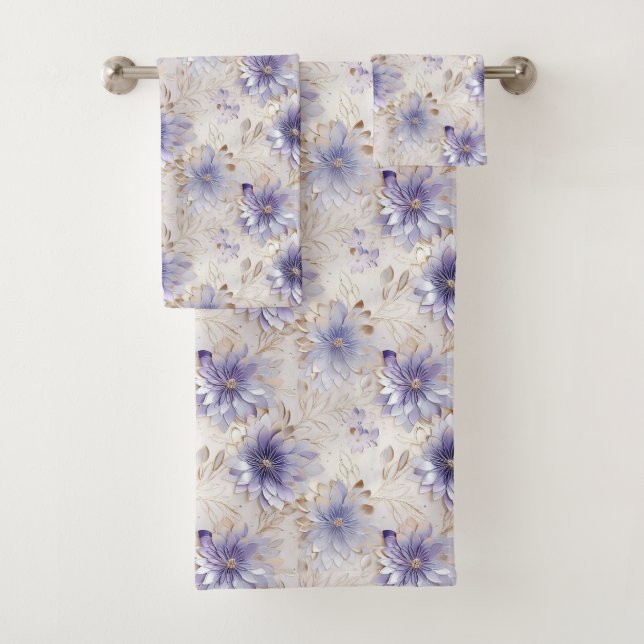 Pretty Gold Purple Pearl White Flowers Bath Towel Set (Insitu)