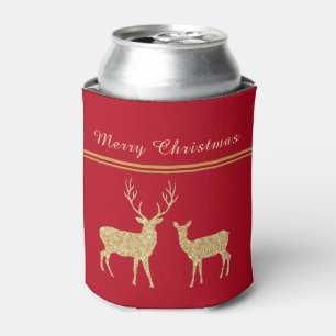 Pretty Gold & Red Deer Merry Christmas Holiday Can Cooler