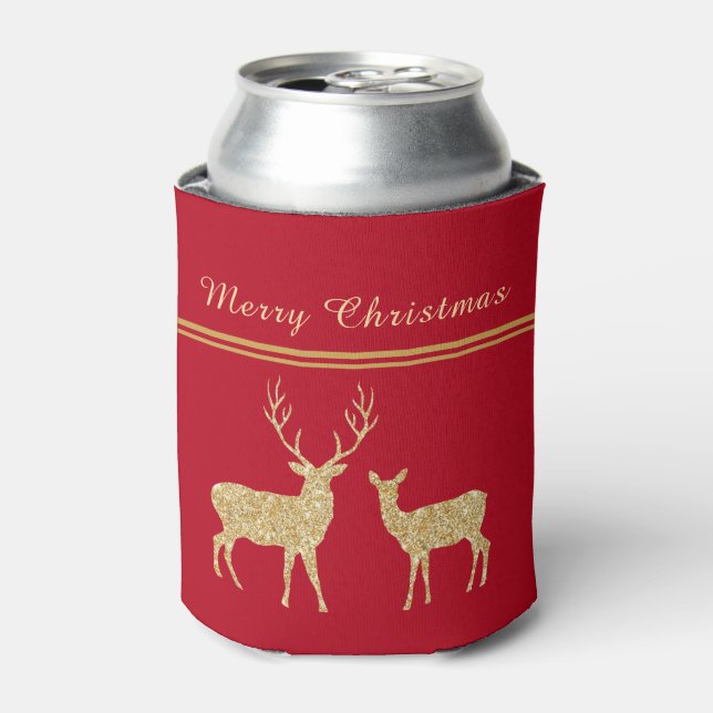 Pretty Gold & Red Deer Merry Christmas Holiday Can Cooler (Can Front)