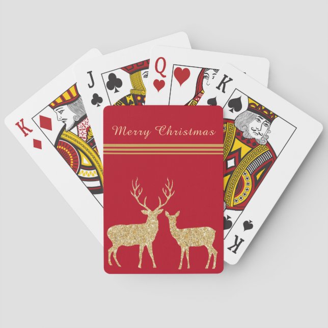 Pretty Gold & Red Deer Merry Christmas Holiday Playing Cards (Back)