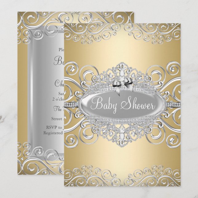 Pretty Gold & Silver Damask Princess Baby Shower Invitation (Front/Back)