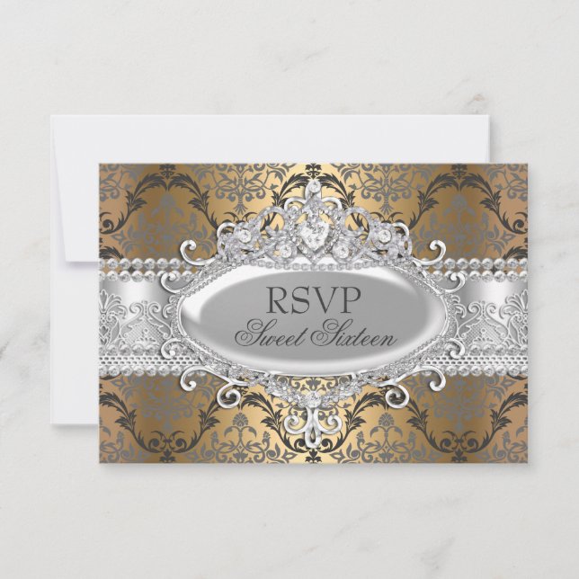 Pretty Gold & Silver Damask Sweet 16 RSVP (Front)
