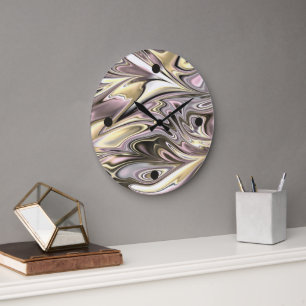 Pretty Gold Silver Grey Pink Waves Art Pattern Large Clock