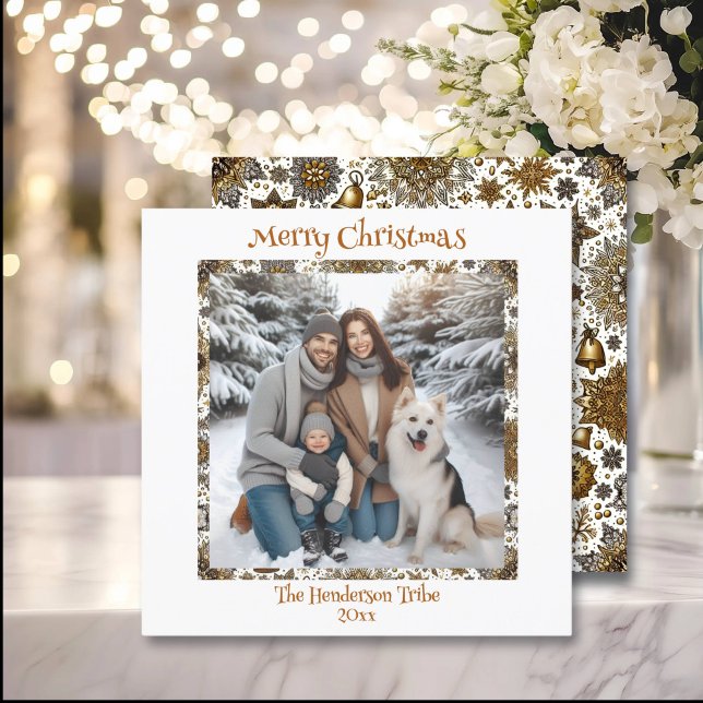 Pretty Gold Snowflakes Family Photo Christmas Holiday Card (Creator Uploaded)