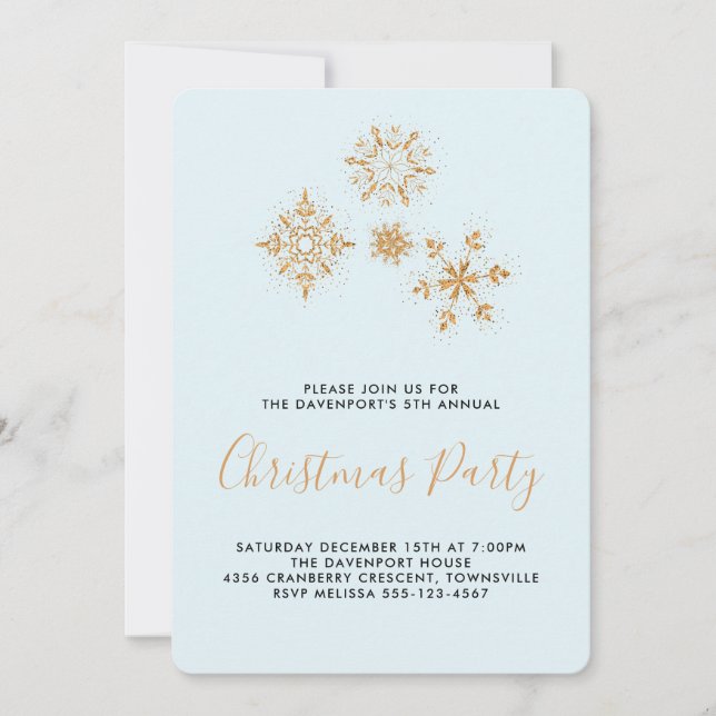 Pretty Gold Snowflakes on Blue, Festive Invite (Front)