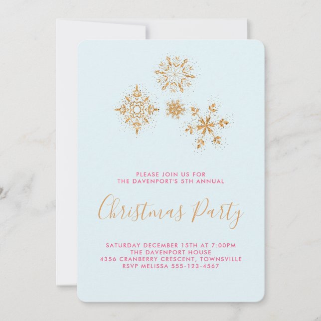 Pretty Gold Snowflakes on Blue, Festive Invite (Front)