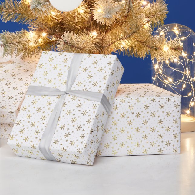 Pretty Gold Snowflakes White Christmas Wrapping Paper (Holidays)