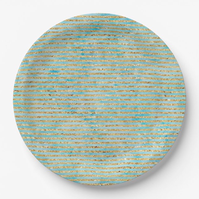 Pretty Gold Sparkle Aqua Watercolor Stripes Paper Plate (Front)