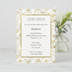 Pretty Gold White Flowers Birthday Invitation