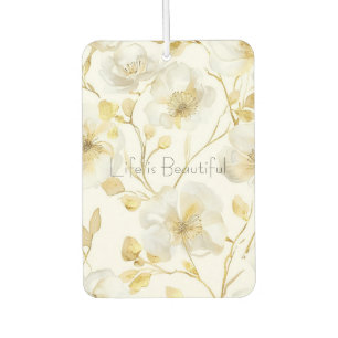 Pretty Gold White Flowers Car Air Freshener