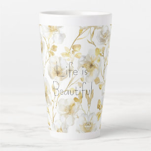Pretty Gold White Flowers Latte Mug