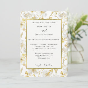 Pretty Gold White Flowers Wedding Invitation