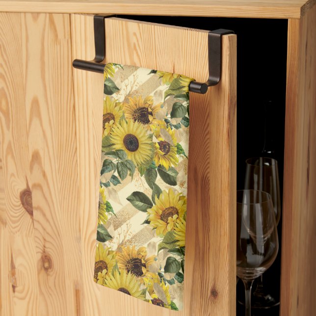 Pretty Gold Yellow Sunflower Bouquet Stripe Bees Tea Towel (Thirds Fold)