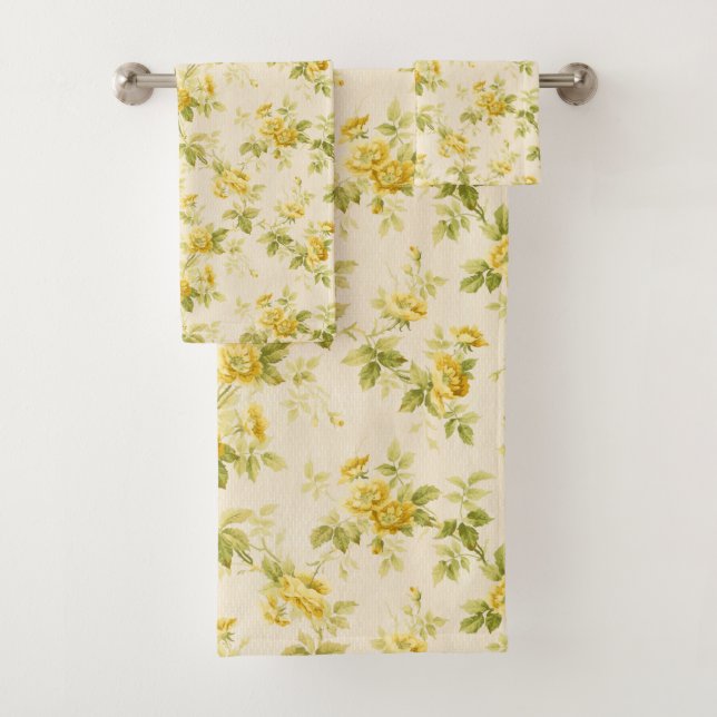 Pretty Golden Yellow Farmhouse Floral Bath Towel Set (Insitu)