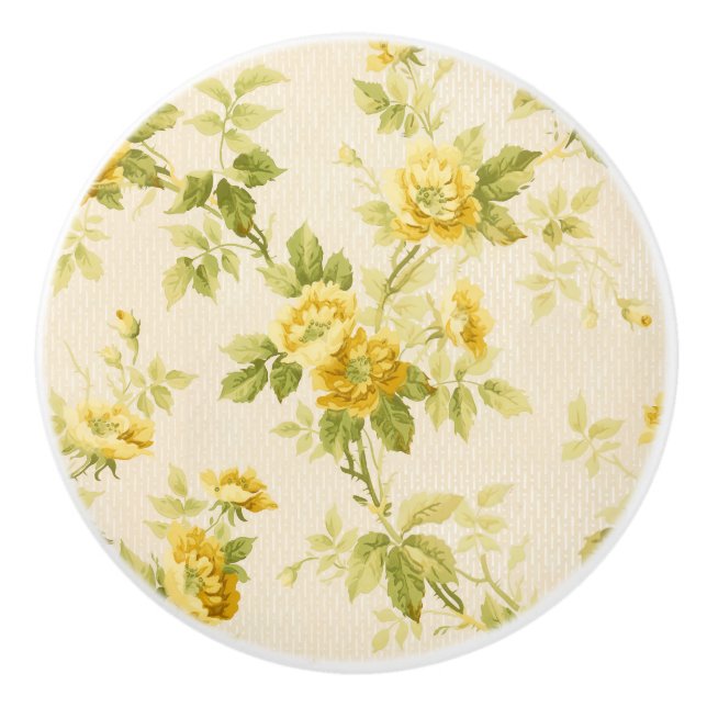 Pretty Golden Yellow Farmhouse Floral Ceramic Knob (Front)
