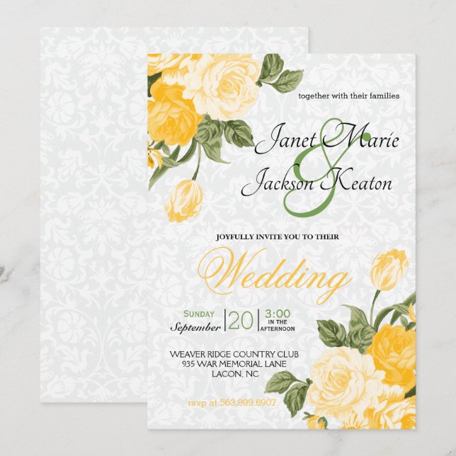 Pretty Golden Yellow Wedding Flowers Invitation (Front/Back)