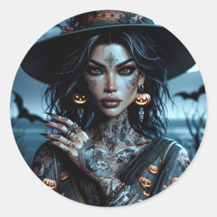Pretty Gothic Witch with Tattoos Halloween Classic Round Sticker