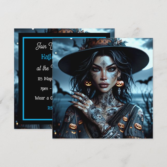 Pretty Gothic Witch with Tattoos Halloween Party Invitation (Front/Back)