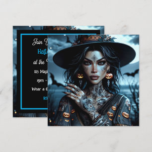 Pretty Gothic Witch with Tattoos Halloween Party Invitation