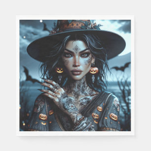 Pretty Gothic Witch with Tattoos Halloween Party Napkin