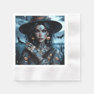 Pretty Gothic Witch with Tattoos Halloween Party Napkin
