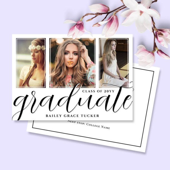 Pretty Graduate Script 3-Photo Graduation Announcement (Creator Uploaded)